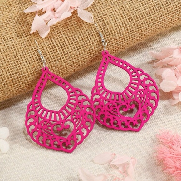 Pink Water Drop Wood Earrings - Picture 6 of 6